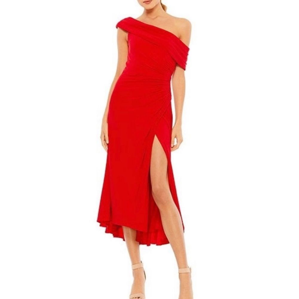 Mac Duggal Ruched Off The Shoulder Midi Dress Red NWT